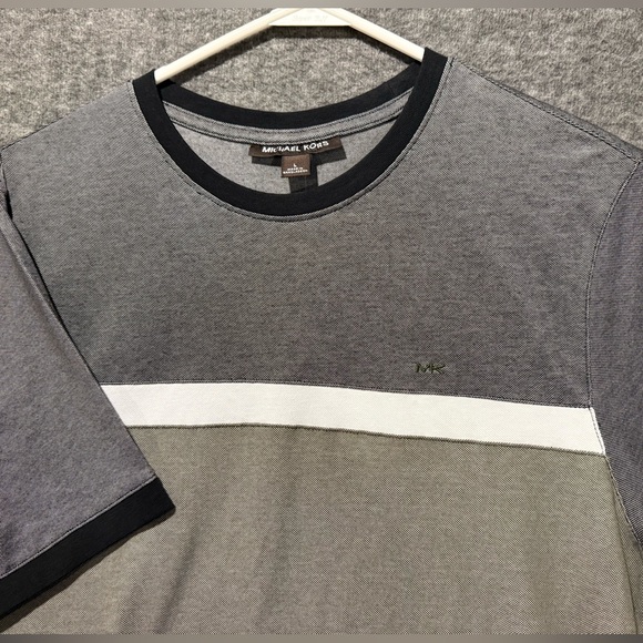Michael Kors Knit Tee Shirt Mens L black green striped colorblock soft comfort - Picture 2 of 11